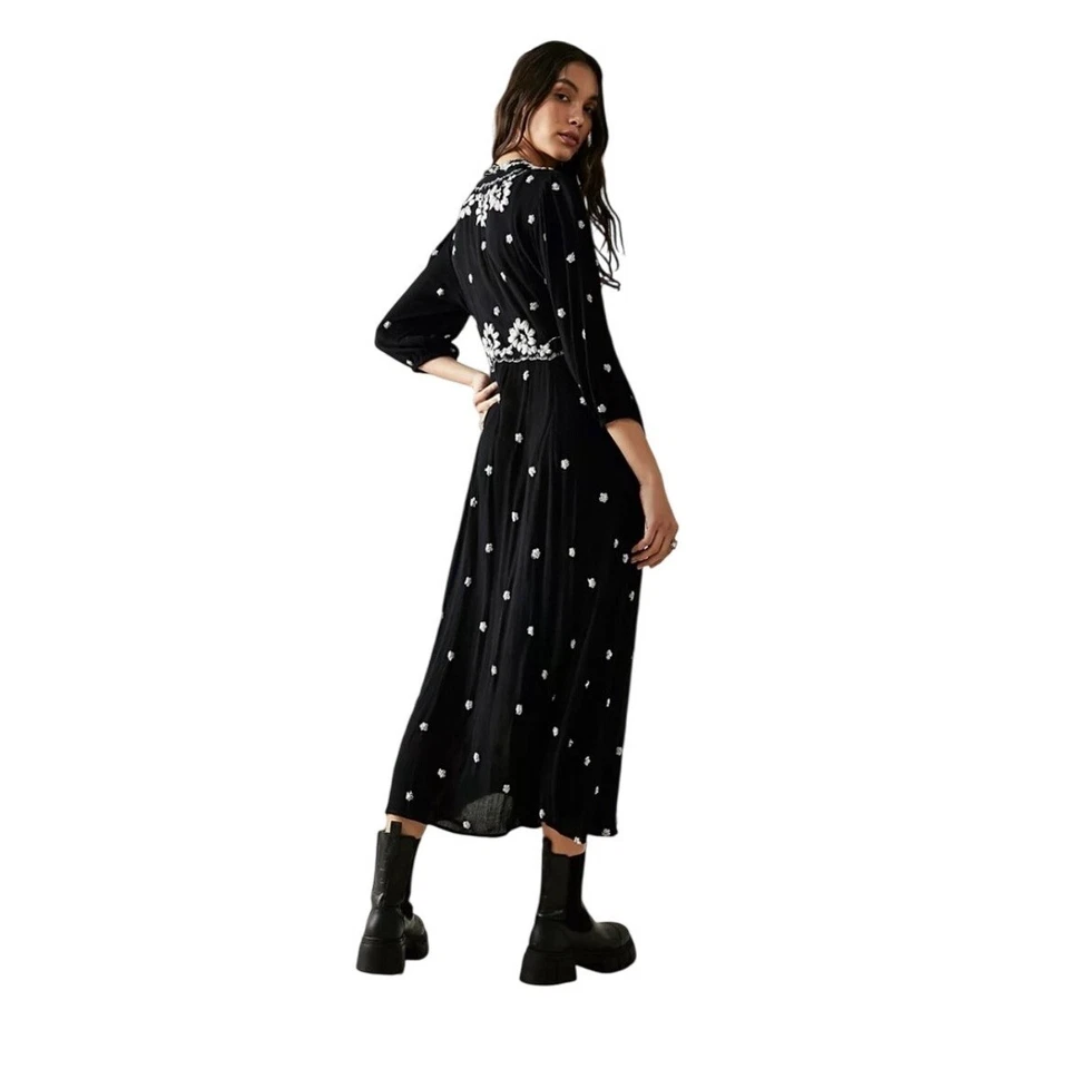 Free People Black Embroidered Midi Dress Boho Festival Size L - Image 2 of 4