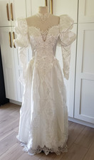 Victorian Wedding Dress USA 10 White Satin Cathedral Train Pearl Maximalist Gown