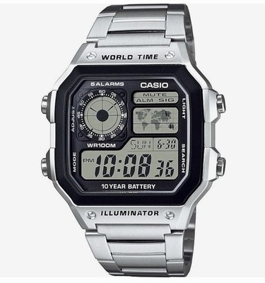 Casio World Time Digital Watch World Map Dial Backlight 100m SS Silver
