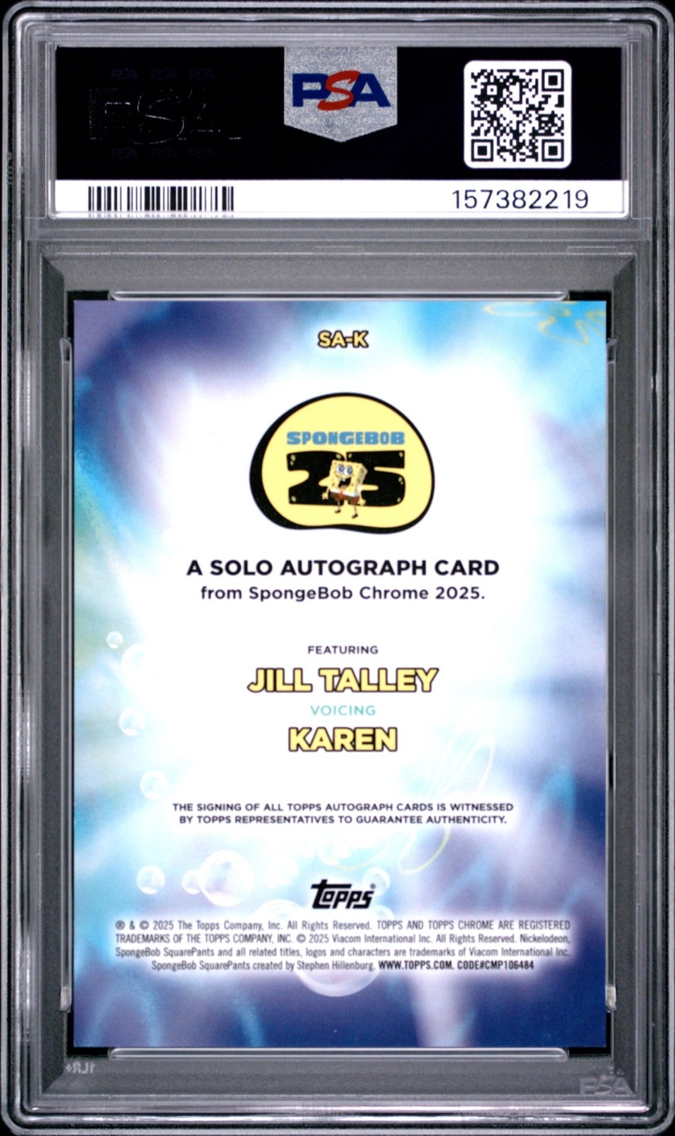 2025 Topps Chrome SpongeBob SquarePants 25th Anniversary Karen Auto #SA-K PSA 10 view 2