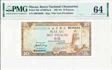 Banco Nacional Ultramarino Macau 10 Patacas 1984 Almost Solid S/No 08888 PMG  64