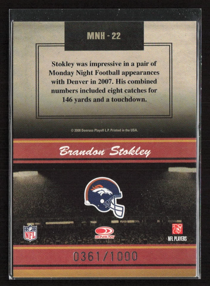 Brandon Stokley 2008 Donruss Classics #MNH-22 Monday Night Heroes /1000 Broncos - Image 2 of 2