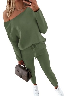 Women's Long Sleeve Off The Shoulder Pullover Tops and Pants Matching Set Tra...