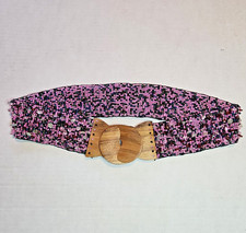 Wide Beaded Belt Wood Buckle Elastic Medium Pink Black Multi Glass Bead