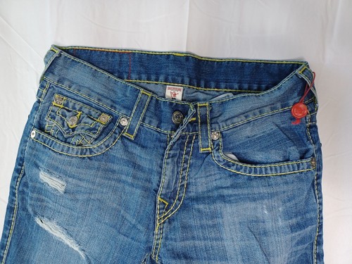 True Religion Mens 28L W30 Straight Jeans Flaps Pockets White Stitch Light Blue - Picture 2 of 12