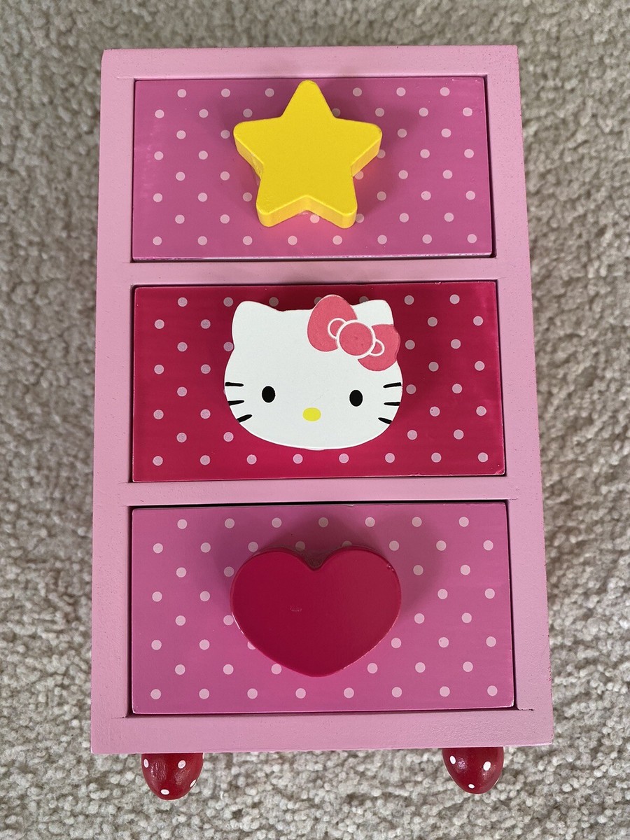 Hello Kitty Pink Polka Dot Jewelry Storage Trinket Box Drawers Sanrio  2013 EUC