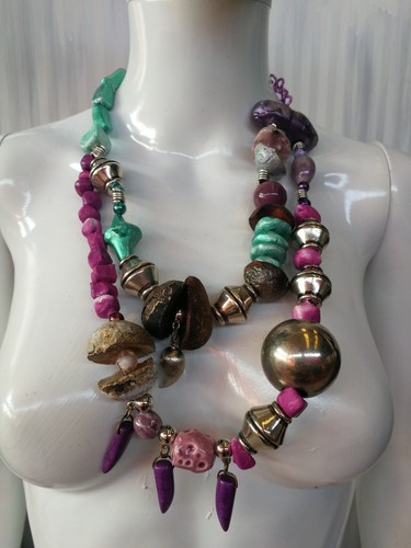 Fashion Necklace Beaded Pendant Chunky Stone Jewelry Brutalist Design Modernist - Picture 7 of 24