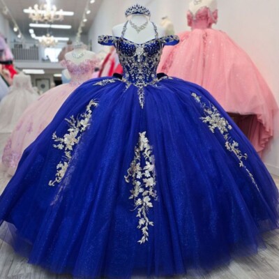 Royal Blue Quinceanera Dresses Off The Shoulder Gold Appliques Prom Ball  Gowns | eBay