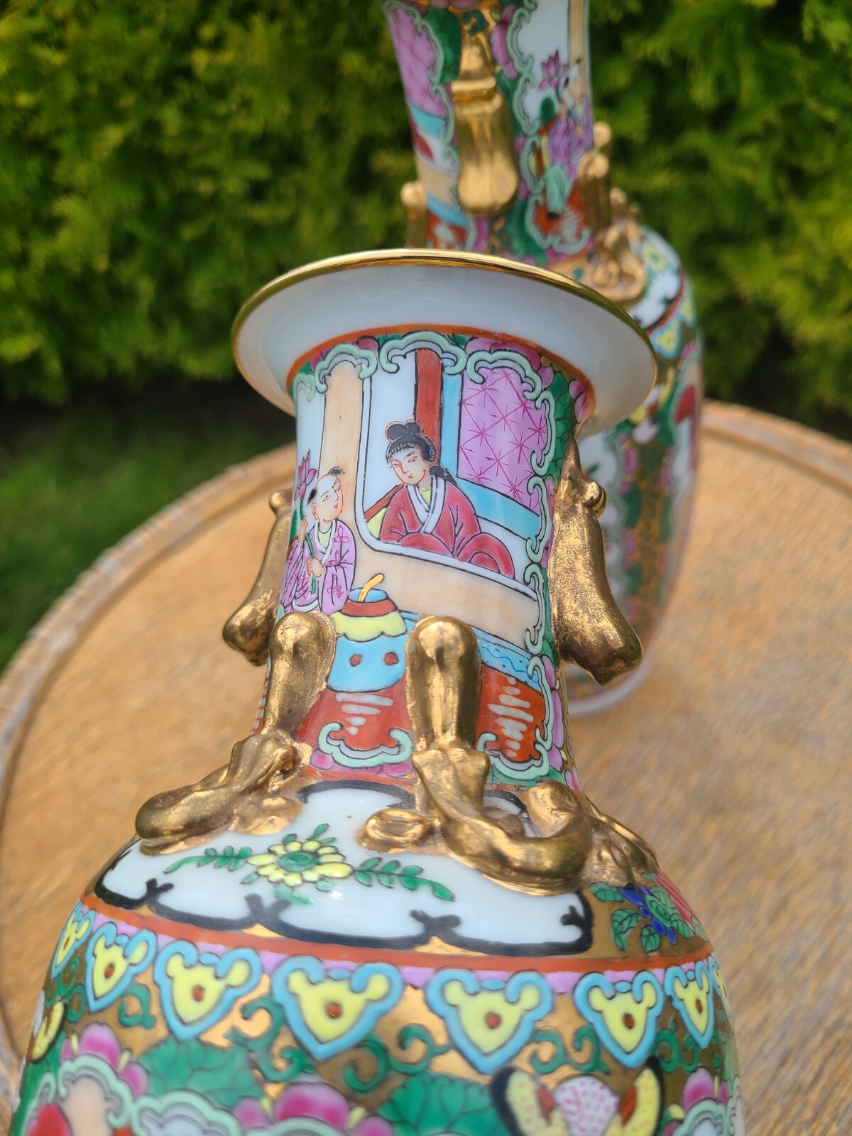 PAIR PORCELAIN BALUSTRADE VASES CHINA CANTON SIGNS BLUE CIRCLE 19TH CENTURY