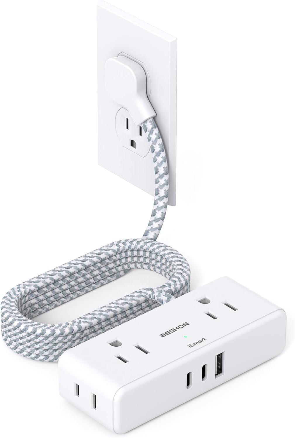 6FT Flat Extension Cord with 4 Outlets and 3 USB Ports, Space-Saving Flat Plug Power Strip-image