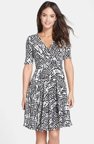 ELBOW SLEEVE' Black FAUX WRAP DRESS 