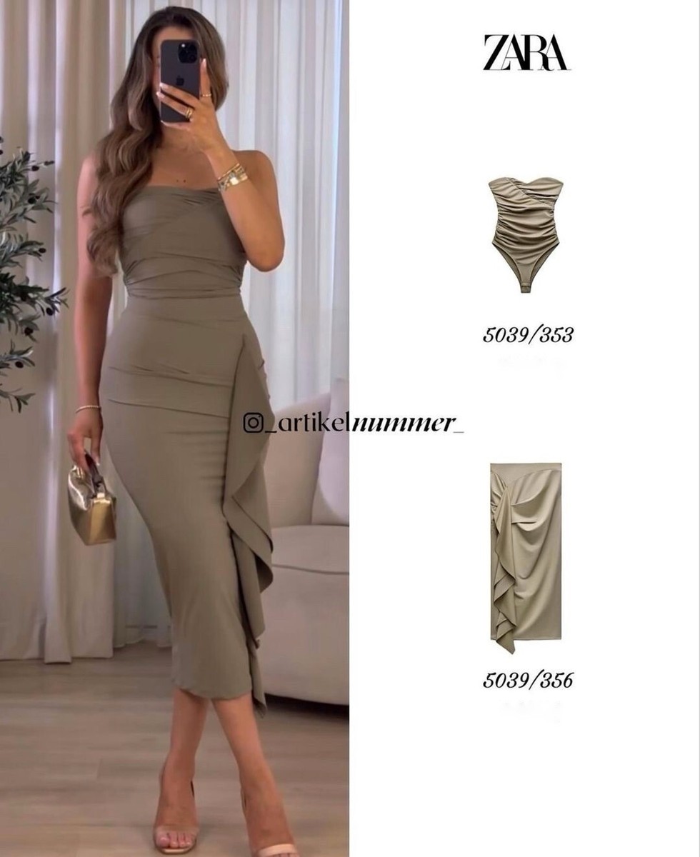ZARA WOMEN ZW COLLECTION MIDI LIGHT KHAKI RUFFLED STRETCH