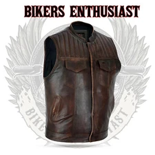 Mens Brown Cowhide Leather Club Vest Concealed Carry Pockets Diamond Padded Top