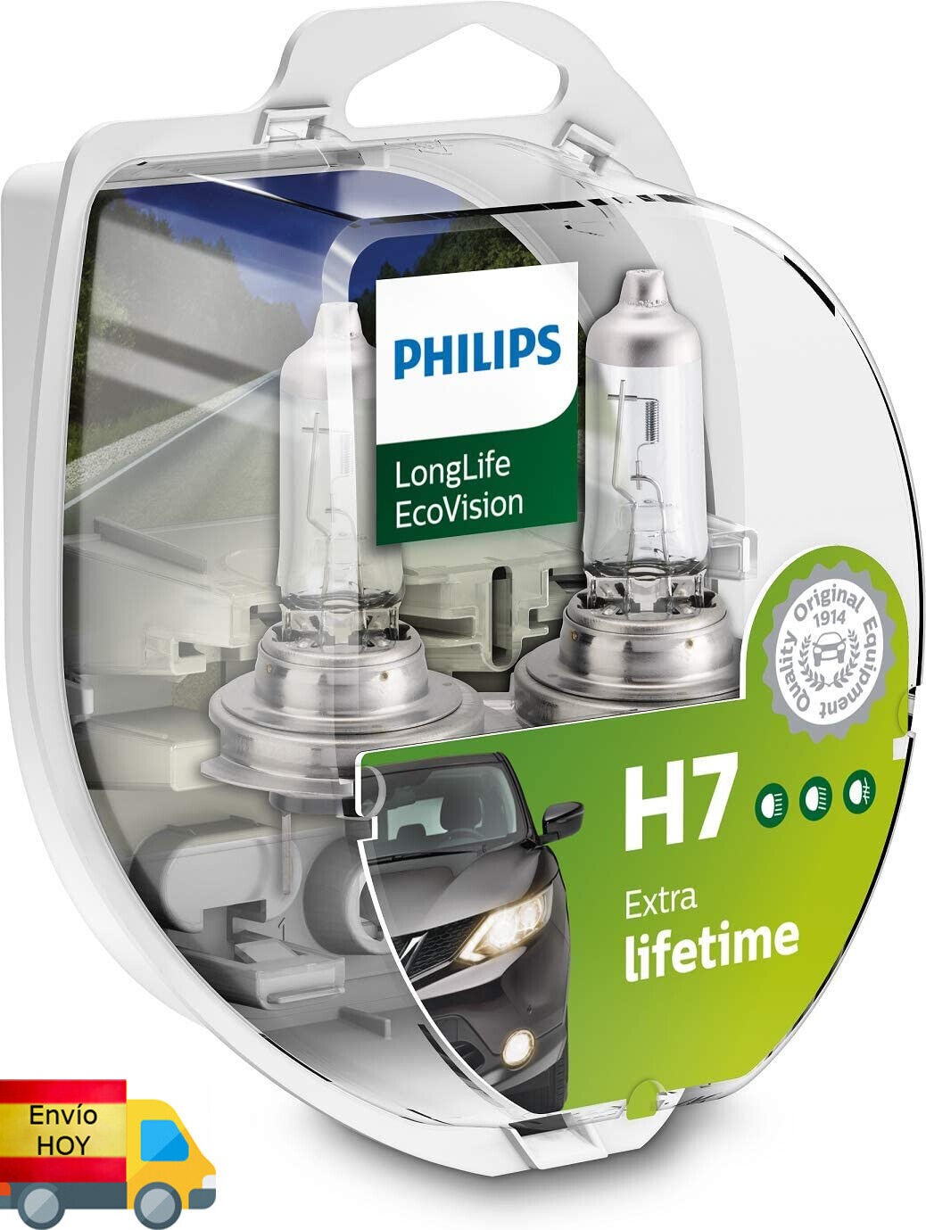 2 X BOMBILLAS FAROS COCHE H7 PHILIPS BOMBILLA LONGLIFE ECOVISION ENVIO HOY