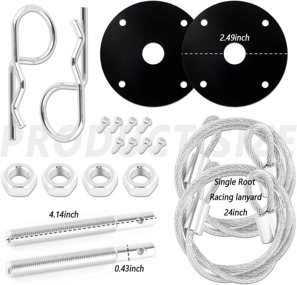 Stainless Steel Hood Pin Kit – 4-Inch Threaded Pins, Locking Plates, 24" Lanyard, For Racing & Off-Road Vehicles