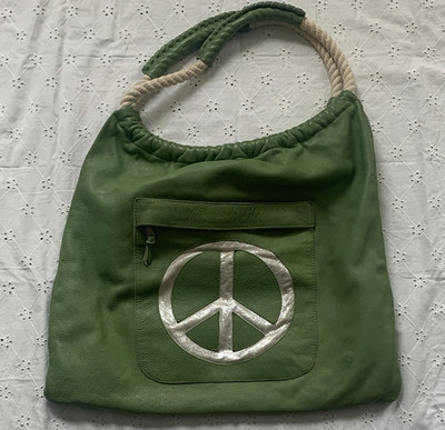 Green Hobo Shoulder Bag Peace Sign Zip Closure Front Zip Pocket Rope Handle