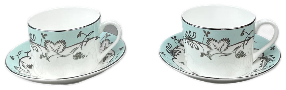 Juego de 2 tazas y platillos Wedgwood Flourish Robin's Egg Martha Stewart Inglaterra nuevos con etiquetas Foto 2 de 4