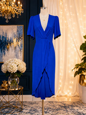 Reformation Westport Dress 6P Cobalt Blue High Low Twist Midi Dress