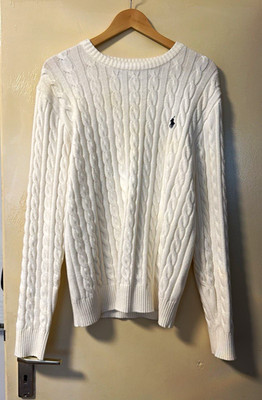Polo Ralph Lauren Herren Strickpullover Zopfmuster Weiß Rundhals Logo L