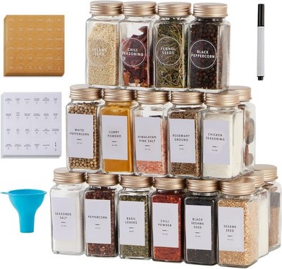 25 Pcs Spice Jars with Label- Glass Spice Jars with Gold Metal Caps,Shaker Lids,