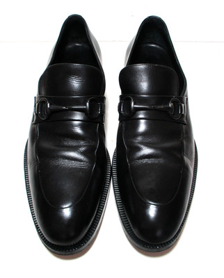 Gucci Men US 8 Black Leather Horsebit Slip On Loafers Shoes