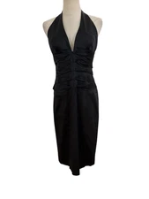 Y2K Cache Black Halter Cocktail Dress Silk Detail Corset Sz 8 Goth Glam 