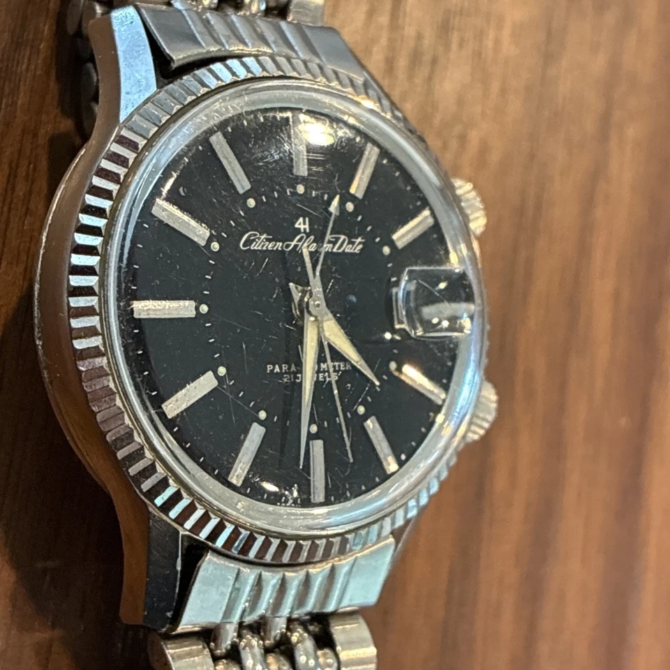Vintage 1960’S CITIZEN PARAWATER Alarm Date Black Dial Foto 3 de 4