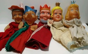 Vintage Rubber Head Hand Puppets Lot of 5 King Queen Jester Storybook 60s 70s
