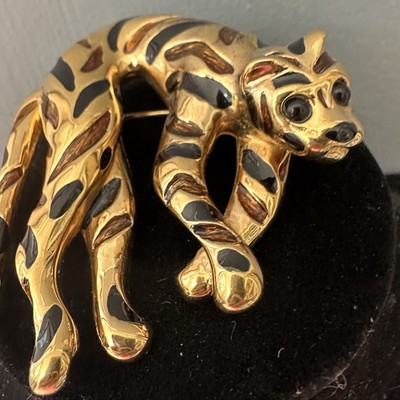 Vintage Ciner Tiger Brooch Gold Tone Enamel Signed Large 2.5'' Leopard Panther