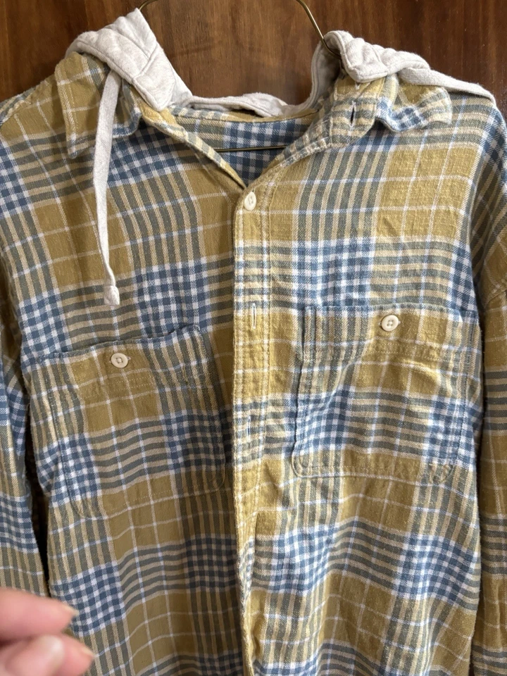 Camisa American Eagle para mujer pequeña amarilla a cuadros con capucha abotonada franela informal Foto 4 de 4