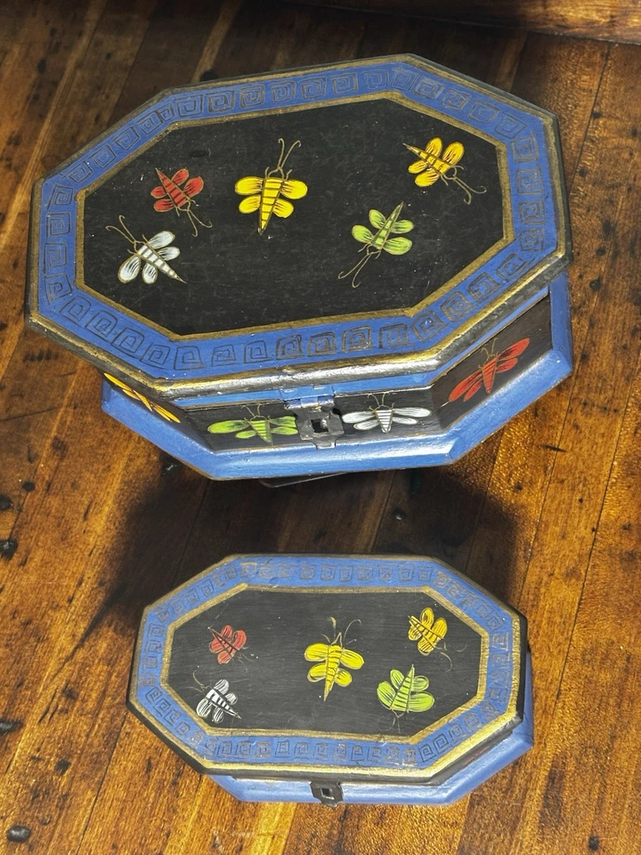 Foreside Set of 2 Rustic Wooden Nesting Boxes Blue Black Colorful Moths 8" 6" - Image 2 of 4