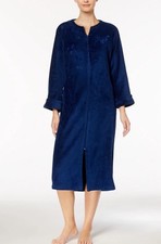 Miss Elaine Navy Blue Fleece Embroidered Soft Robe Size XL EUC
