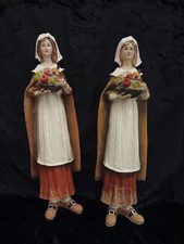 Par De Colección Resina Peregrino Damas Fruta Cesta Mujer Estatua 11" Otoño Acción de Gracias