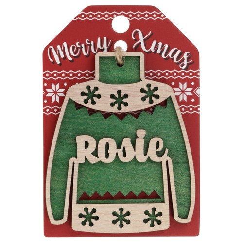 Christmas Jumper Wooden Tree Decoration Personalised Bauble Xmas Red Green White - Picture 171 of 199