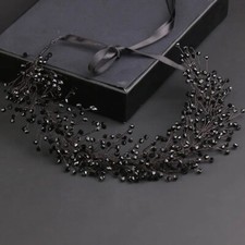 Women Black Crystal Beads Crown Tiara Girl Ribbon Headband Bridal Hair Piece 1Pc