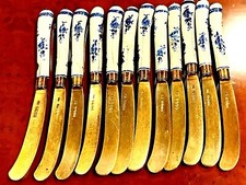 ANQ 19th C ENGLISH 12GILT STERLING SILVER BLADE FLOW BLUE PORCELAIN HANDLE KNIFS