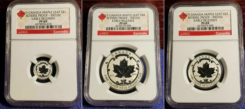 2015 CANADA $1 $3 $4 MAPLE LEAF .999 NGC PR69 PROOF INCUSE SET LOT OF 3 COINS