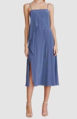 $495 Halston Women's Blue Sleeveless Silk Morgan Draped Slip Dress Size 8
