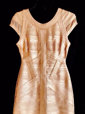 herve leger champagne dress Metallic Bandage Gown