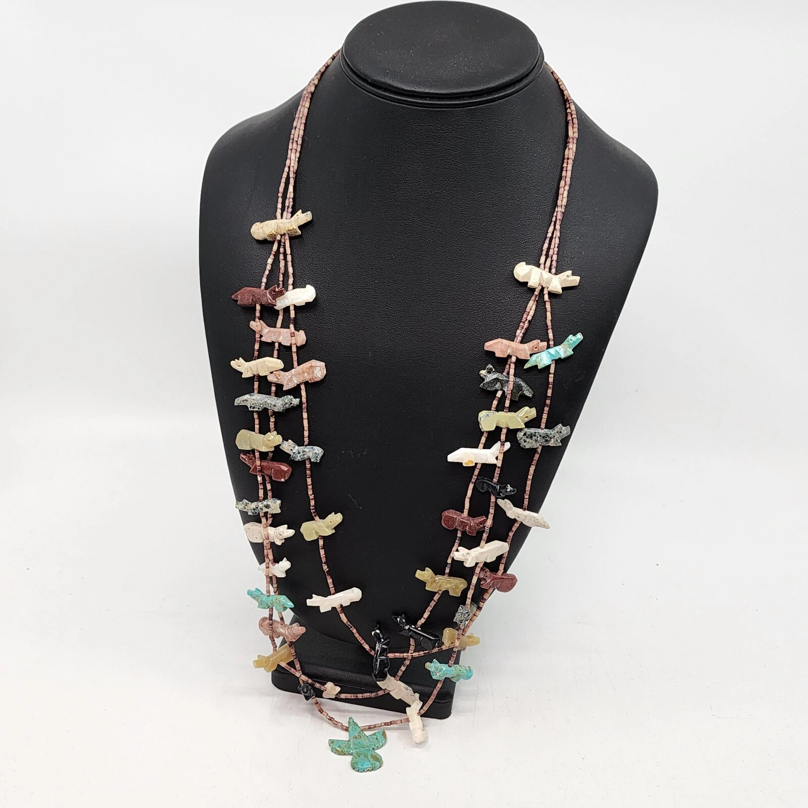 GENUINE Wonderful Carved Zuni Fetish 3 Strand Necklace Bird and other Animals