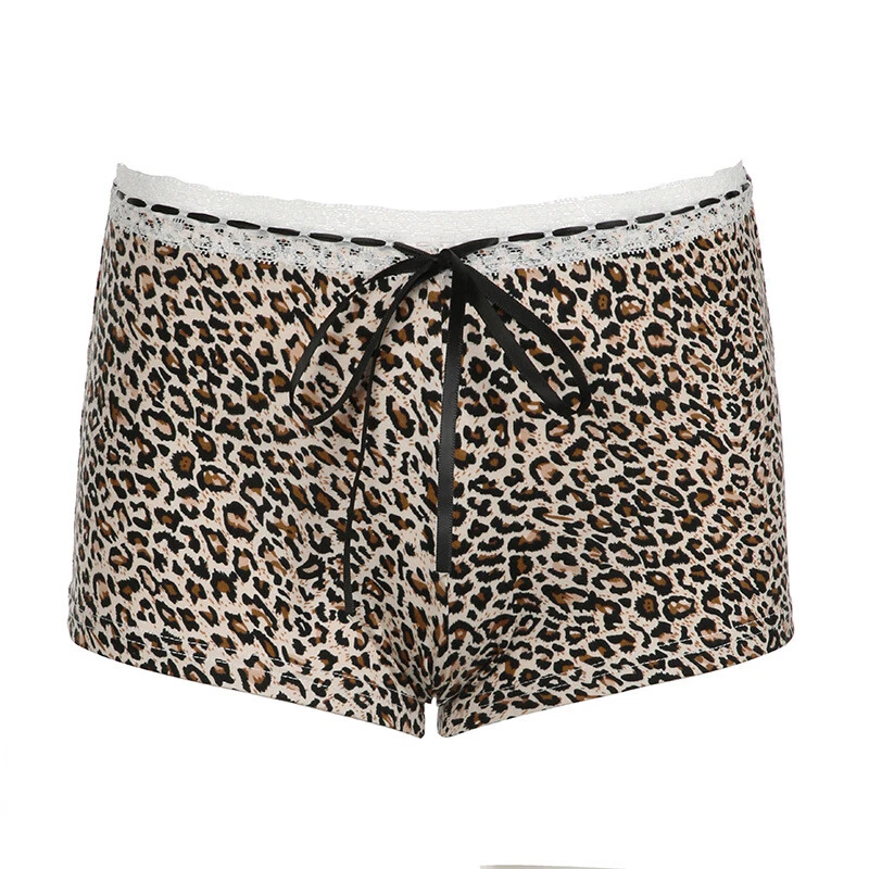 Sexy PANTS Vintage Leopard Print Slim Sexy Shorts Bow Lace Patchwork - Image 4 of 4