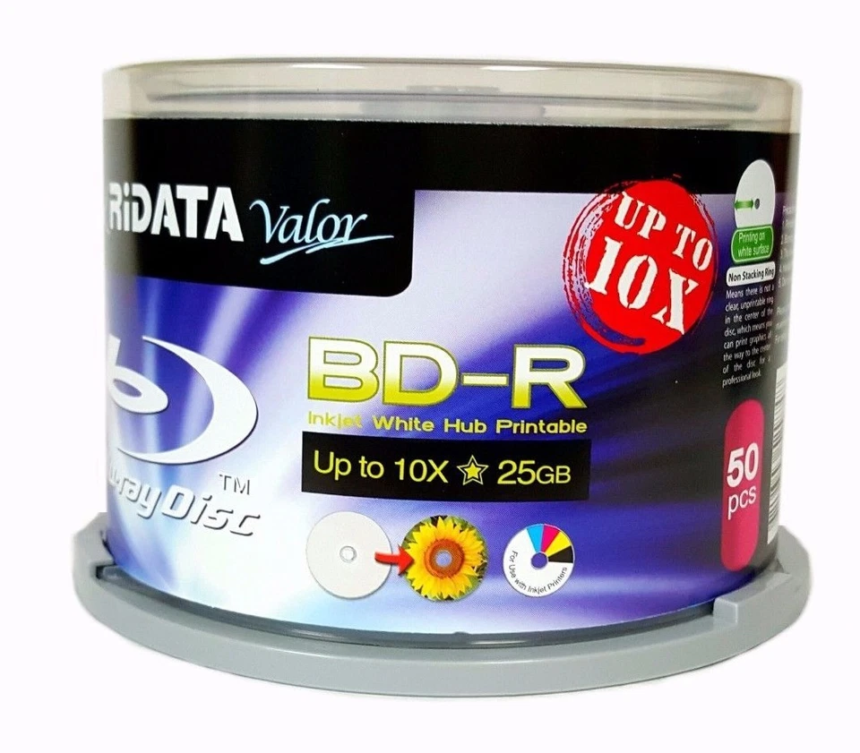 25 RIDATA Valor BluRay Up to 10X Blank BD-R 25GB White Inkjet Printable -Sleeve - Image 2 of 4