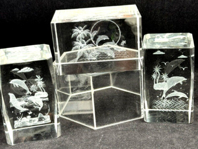 Laser Engraved 3D Dolphin Crystal Blocks paperweights Glass Clear 2'' x 3'' Set(3)