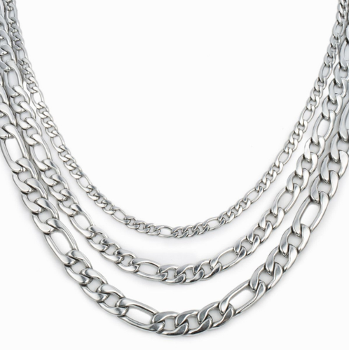 New Men's 316L Stainless Steel Necklace Figaro Cuban Curb Chain Link Silver - Picture 2 of 7
