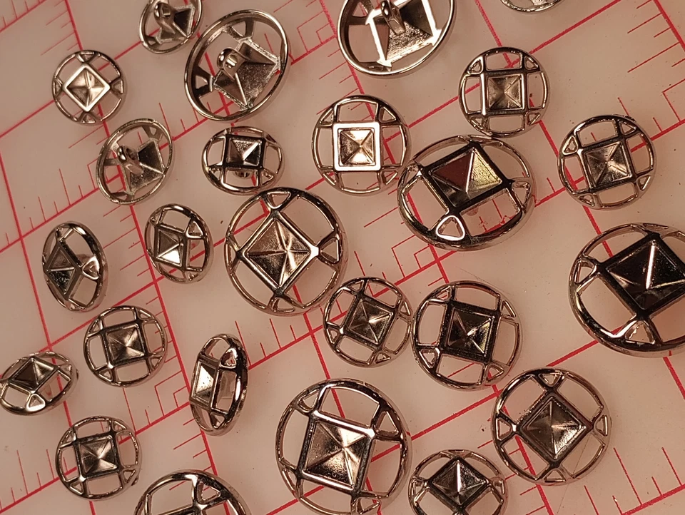 10 SMALL Metal Shank Buttons Silver Indented Square Center European Vintage 5/8" - Image 2 of 4