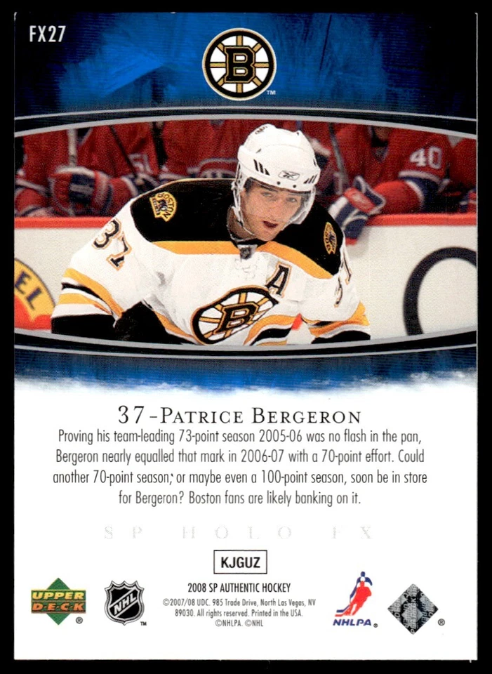 2007-08 SP Authentic Holoview FX Patrice Bergeron Boston Bruins #FX27 - Image 2 of 2
