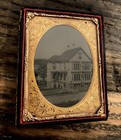 1/4 AMBROTYPE PHOTO OF HOUSE HOTEL OUTDOOR SCENE LAKE & BOAT RARE ANTIQUE 1800s