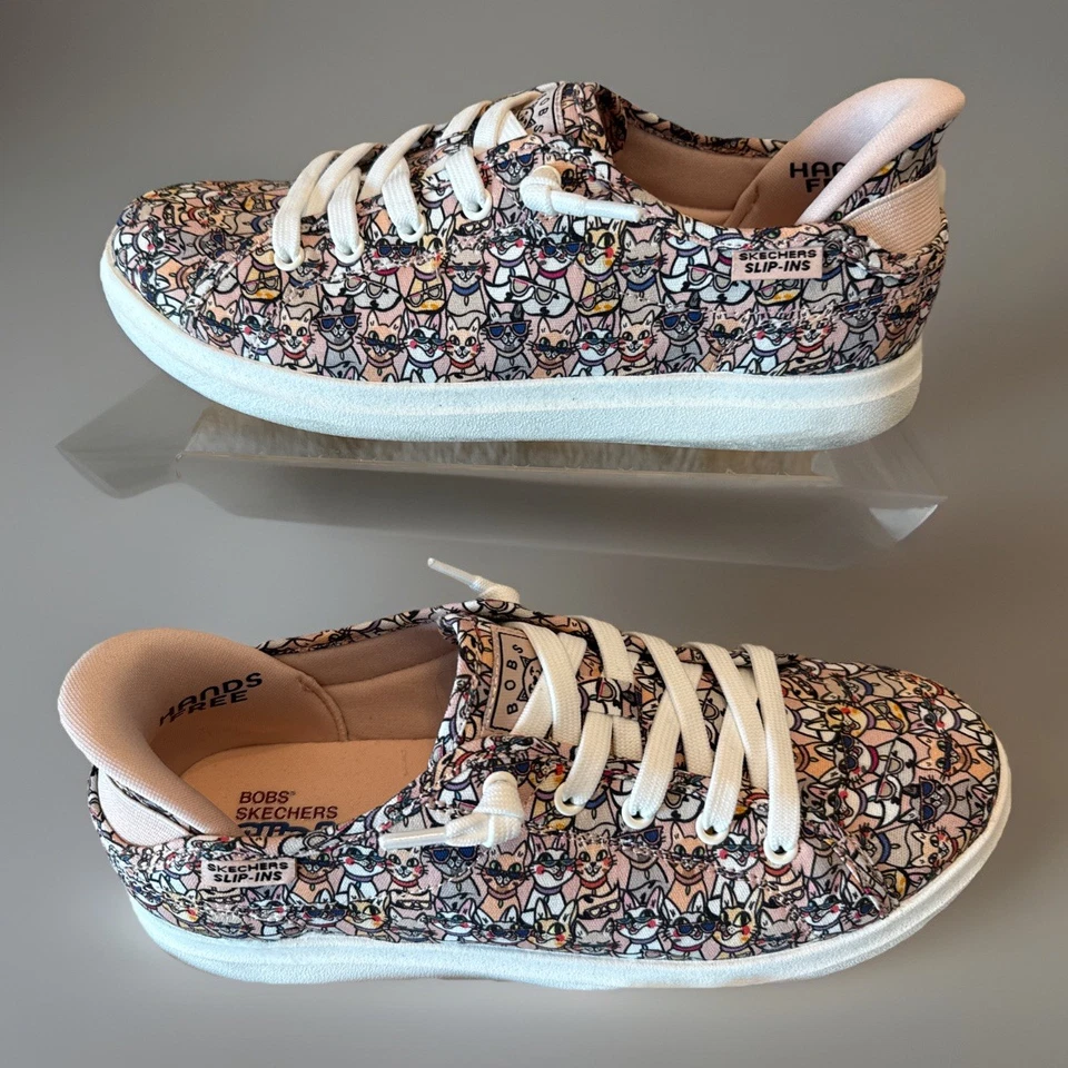 Tenis para mujer Skechers BOBS sin cordones estampado de gato espuma viscoelástica talla 7,5 como nuevos en la parte superior Foto 4 de 4