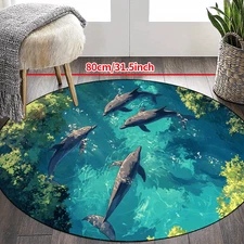Large Blue Dolphin Ocean Theme Non-Slip Round Mat - Turquoise & Turquoise Dolphi