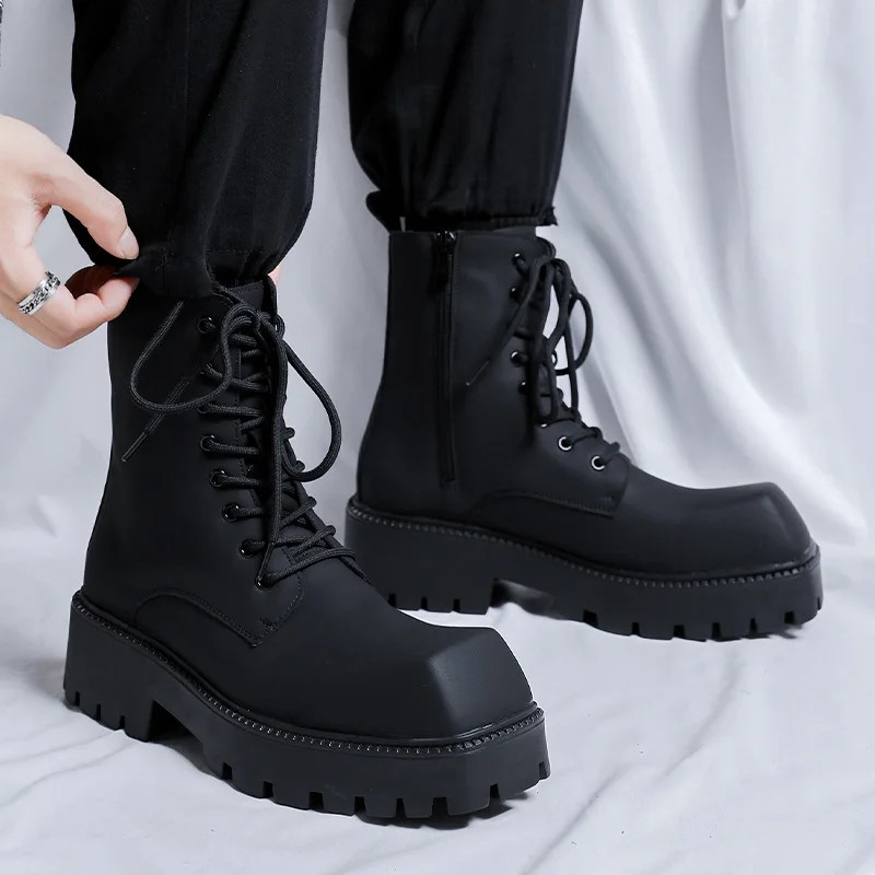 Men Leather Boots Square Toe Stage Nightclub Platform High Motorcycle Shoes Soft image 3